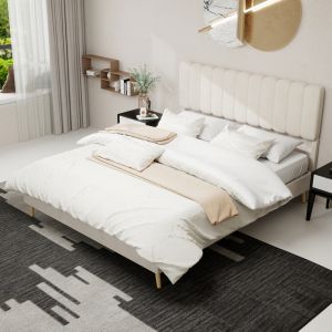 Cama doble 160x200 cm con cabecero acolchado y estructura baja – beige