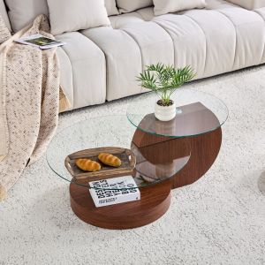 Mesa de centro de dos niveles mdf y vidrio transparente nogal
