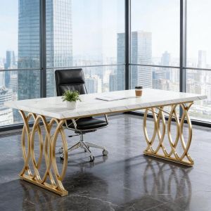Mesa de oficina despacho y reuniones mármol blanco dorado 160x80cm