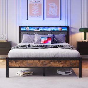 Cama doble 140x200 cm con LED, almacenaje en cabecero y usb gris