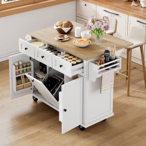 Isla de cocina con ruedas encimera extensible, blanco 92,7x112x46,2-76,2cm