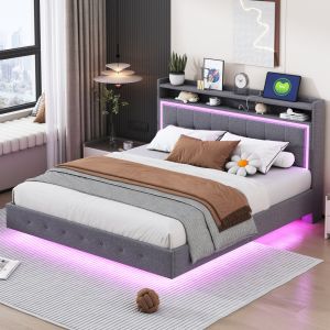 Cama tapizada 160x200cm con usb y LED lino – color gris