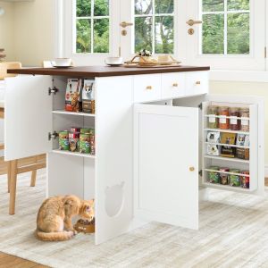 Isla de cocina extensible 2 puertas 3 cajones blanco y nogal 90x120x40-70cm