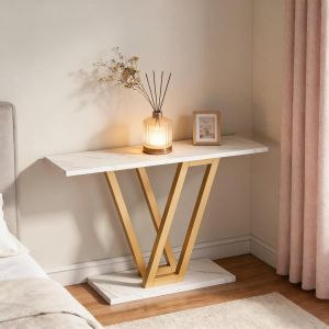 Mesa consola para recibidor salón metal y madera blanco dorado 80x110x30cm