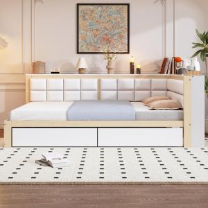 Cama madera 140x200cm con cajón almacenaje y cabecero acolchado