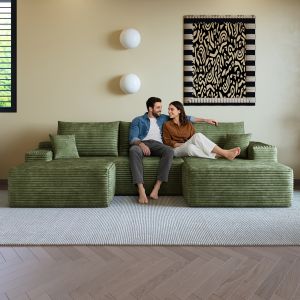 Sofá en l modular de pana verde con chaise longue 270 cm