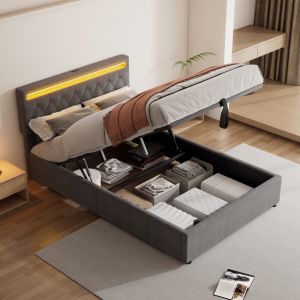 Cama tapizada 140x200cm con LED, usb y canapé de lino – color gris