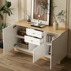 Aparador salón/comedor 3 puertas 2 cajones blanco+madera 76x135,5x39cm