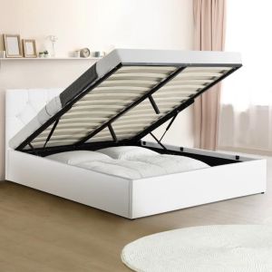 Cama con baúl doble de pu blanco - 140 x 190 cm