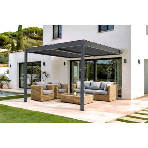 Pérgola alu adosada 3x3m lamas orientables|ventilación y sol|gris piana