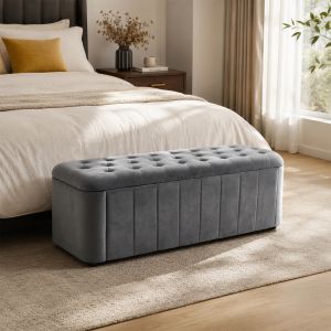 Banco tapizado con almacenaje de terciopelo gris para dormitorio/recibidor