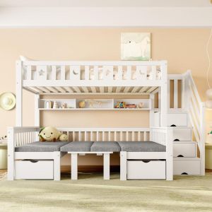Cama alta infantil 90x200cm con escritorio, escalera y cajón blanco