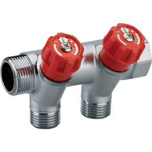 Colector macho - hembra 3/4 con grifería roja - 2 salidas 1/2