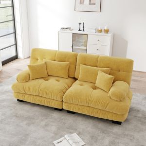 Sofá modular de chenilla amarillo 2 plazas con cojines y diseño nube