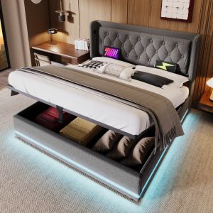 Cama tapizada 140x200 cm con canapé, LED y usb tipo c aLGodón – gris