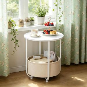 Mesa auxiliar redonda con cesta madera y metal blanca 50x45x45cm