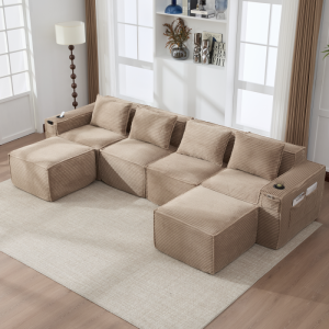 Sofá modular 4 plazas pana caqui con 2 otomanas y portavasos