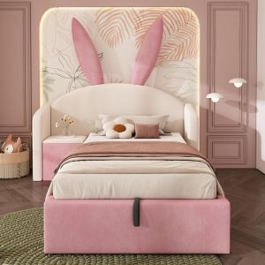 Cama infantil 90x190cm con arcón elevable, orejas de conejo,rosa beige