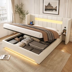 Sofa cama tapizado 180x200cm con almacenaje y LED beige