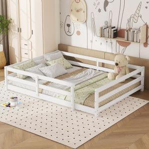 Cama infantil montessori 140x200cm madera maciza con barandilla blanca