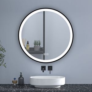 Espejo de baño redondo LED 70cm con marco, antivaho, luminosidad regulable