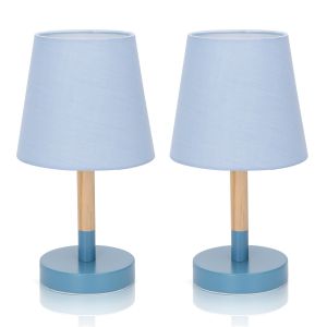 Aigostar lámpara de mesa madera con tulipa tela azul e14