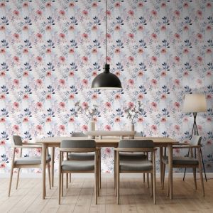 Papel pintado floral acuarela flores silvestres color rosa 60cm por 250cm