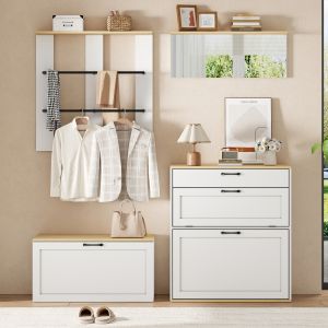 Mueble recibidor modular con zapatero banco espejo blanco 176x156x36cm