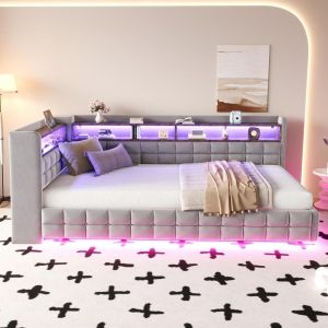 Cama 90x200cm con almacenaje LED usb type c hidraulica gris