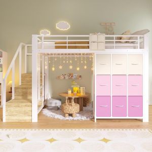 Cama alta 140x200cm de metal con cajones, armario y escalera, blanca
