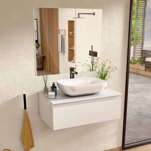 Mueble baño suspendido 60 cm blanco, lavabo y espejo bellobath