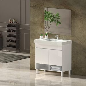 Mueble nebari, lavabo y espejo 120x45cm 2 senos con puertas blanco brillo