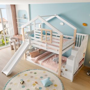 Litera 90x200 cm con tobogán y escalera con almacenaje madera – blanco