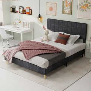 Cama tapizada 160x200cm con cabecero acolchado de cuadros terciopelo – gris