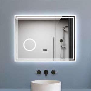 Aica espejo de baño LED 80×60 cm,reloj,lupa,bluetooth