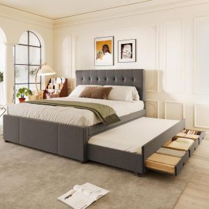 Cama abatible 140x200cm con 3 cajones, sin somier, gris