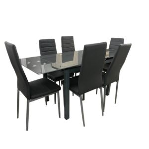 Mesa de cristal extensible 170cm + 6 sillas polipiel, gris