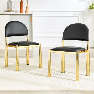 Silla de comedor de pu negra con respaldo semicircular y patas metálicas