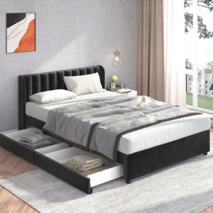 Cama tapizada 160x200cm con 2 cajones y somier de láminas terciopelo negro