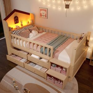 Cama semialta 90x200 cm con cajones, LED y madera de pino