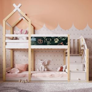 Litera infantil 90x200 casa madera con pizarra y almacenaje