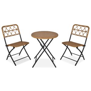 Conjunto de mesa y 2 sillas de ratán acero, ratán pe color madera