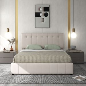 Cama doble tapizada 140x200cm ,LED ,imitacion cuero blanco