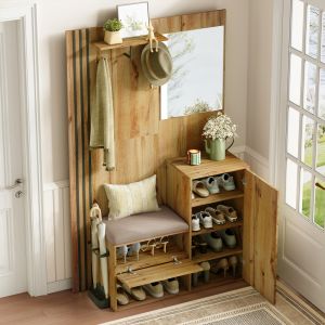 Mueble recibidor con espejo y asiento acolchado natural 185x115x37cm