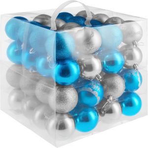 Conjunto de 64 bolas de navidad, 6 cm de diámetro, plata/azul