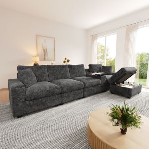 Sofá en l modular chenilla gris 5 plazas con almacenaje y mesa giratoria
