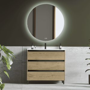 Mueble de baño lavabo cerámico | 3 cajones | 80 cm roble natural tir. Negro