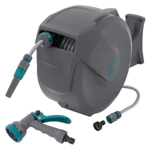 Carrete de manguera extensible 30m PVC gris con bloqueo y 9 funciones