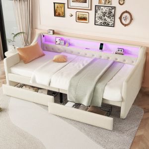 Sofá cama 90x200cm con LED, usb y 2 cajones de lino – color beige