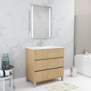 Pack mueble baño 80 cm roble claro 3 cajones lavabo espejo LED